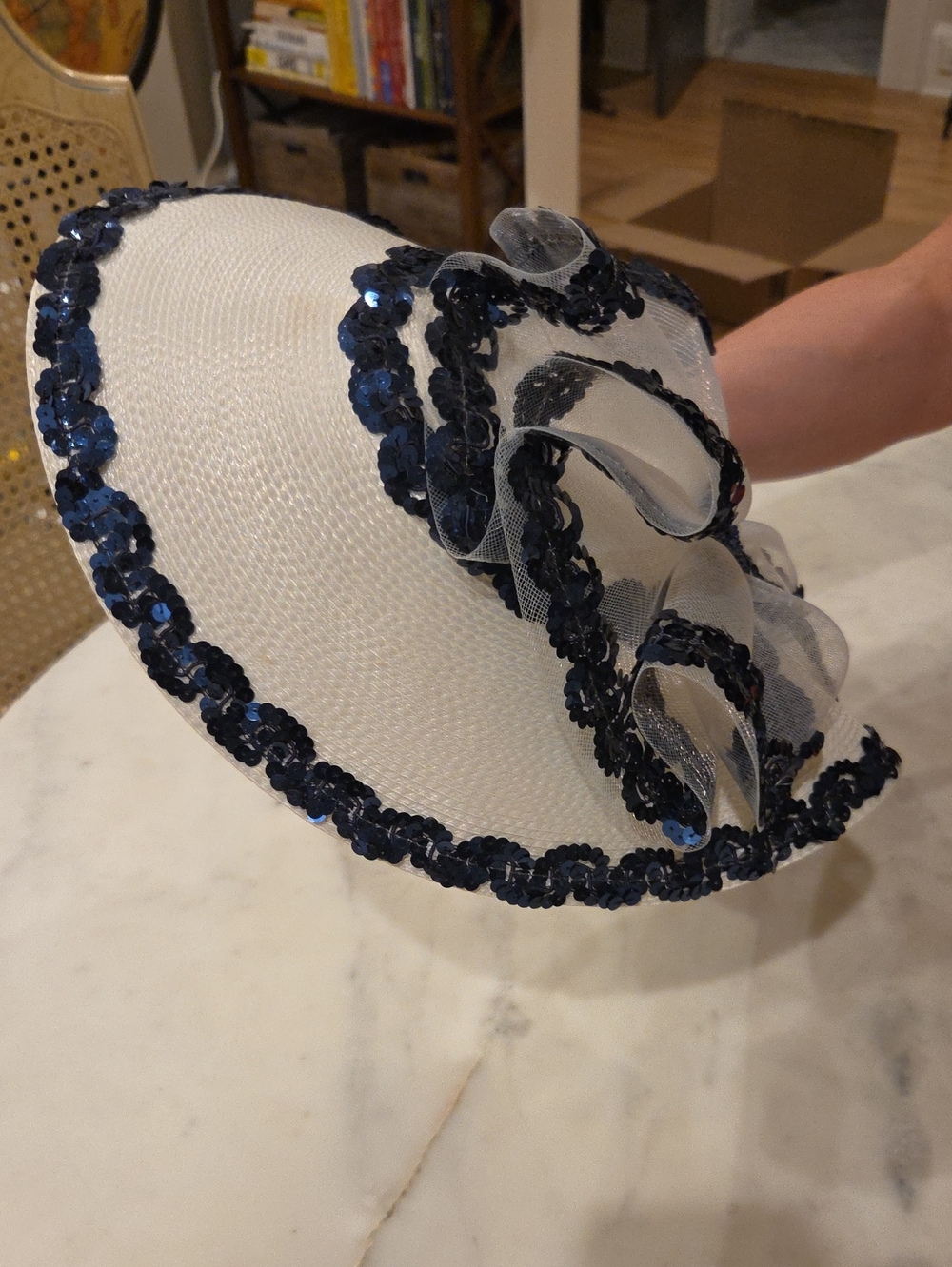 Vintage Kentucky Derby - Navy Sequin Trim White Straw Hat - Women's Accessories - Picture 2 of 3